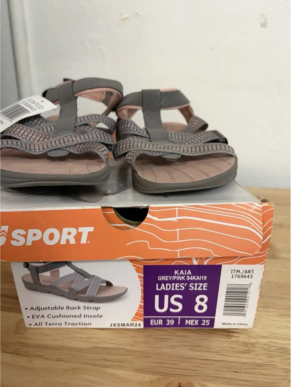JSport Kaia Sport Sandals Grey/Pink Adjustable Straps NIB - Size 8